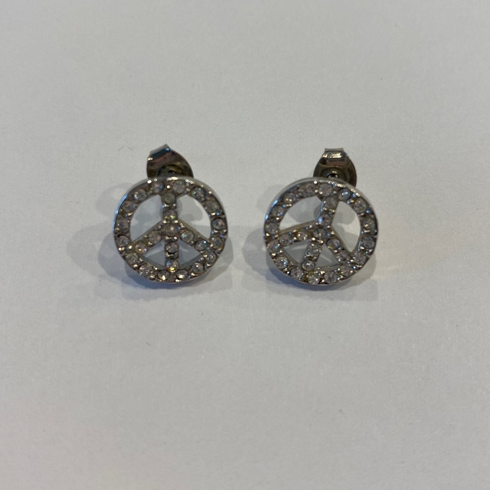 Sliver peace sign stud earrings with rhinestone inlay